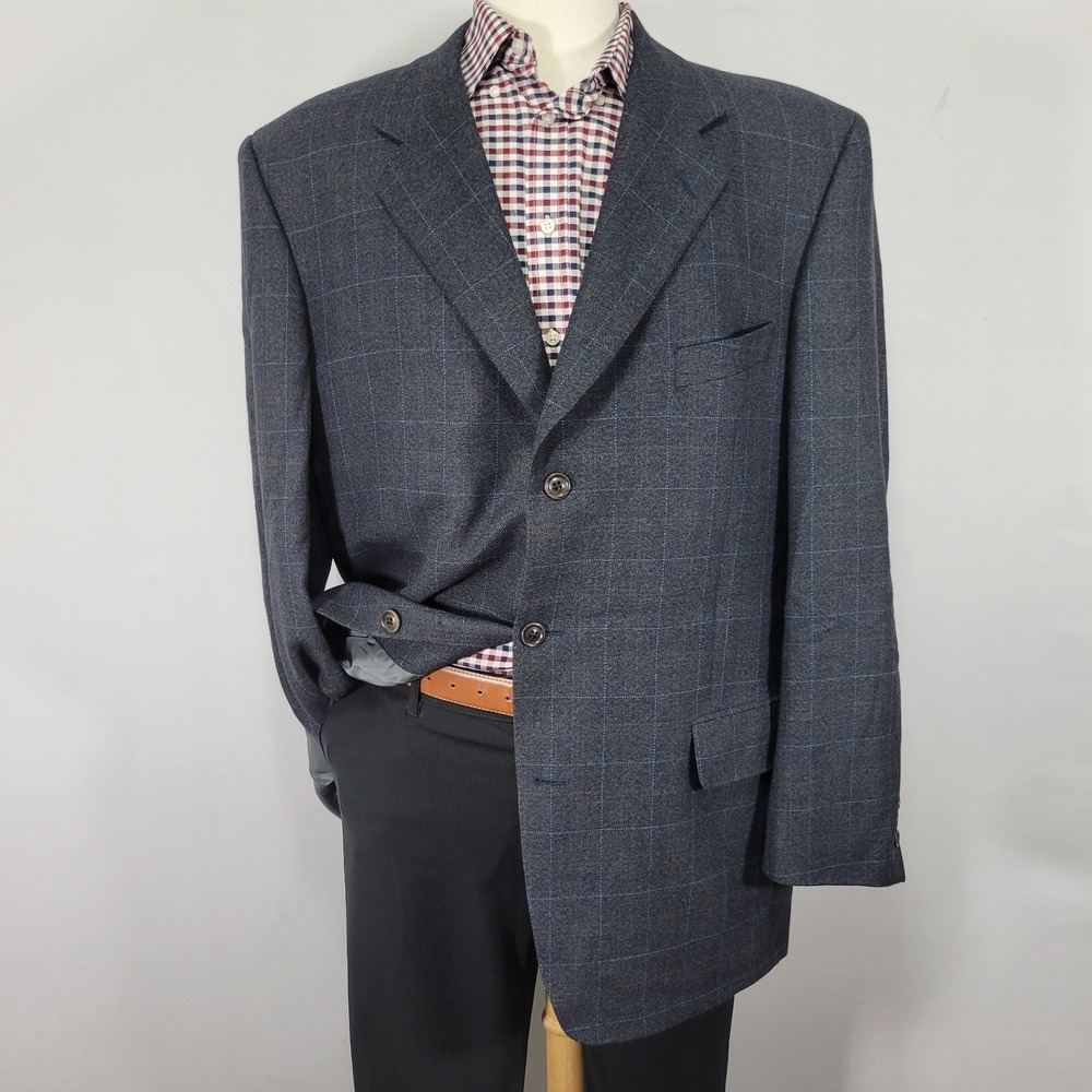 Samuelsohn Men's Flannel Sport Coat‎ Blazer Three Button Blue Plaid Wool 46L